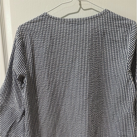 Draper James Blue and White Striped Seersucker Button Up Ruffle Sheath Dress - Picture 8 of 9